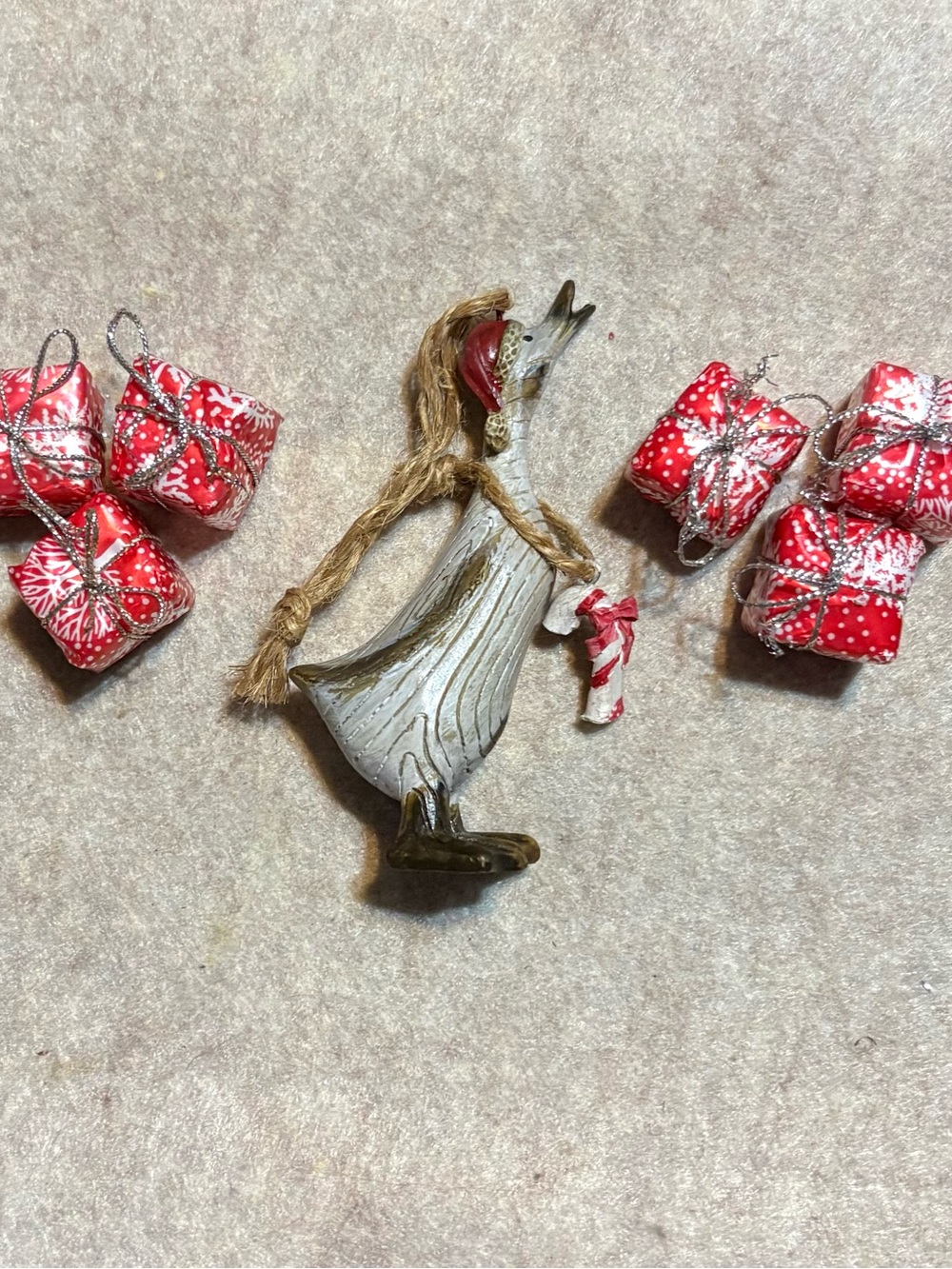 🪿Handcrafted Tan & Grey Duck Ornament with Red Hat